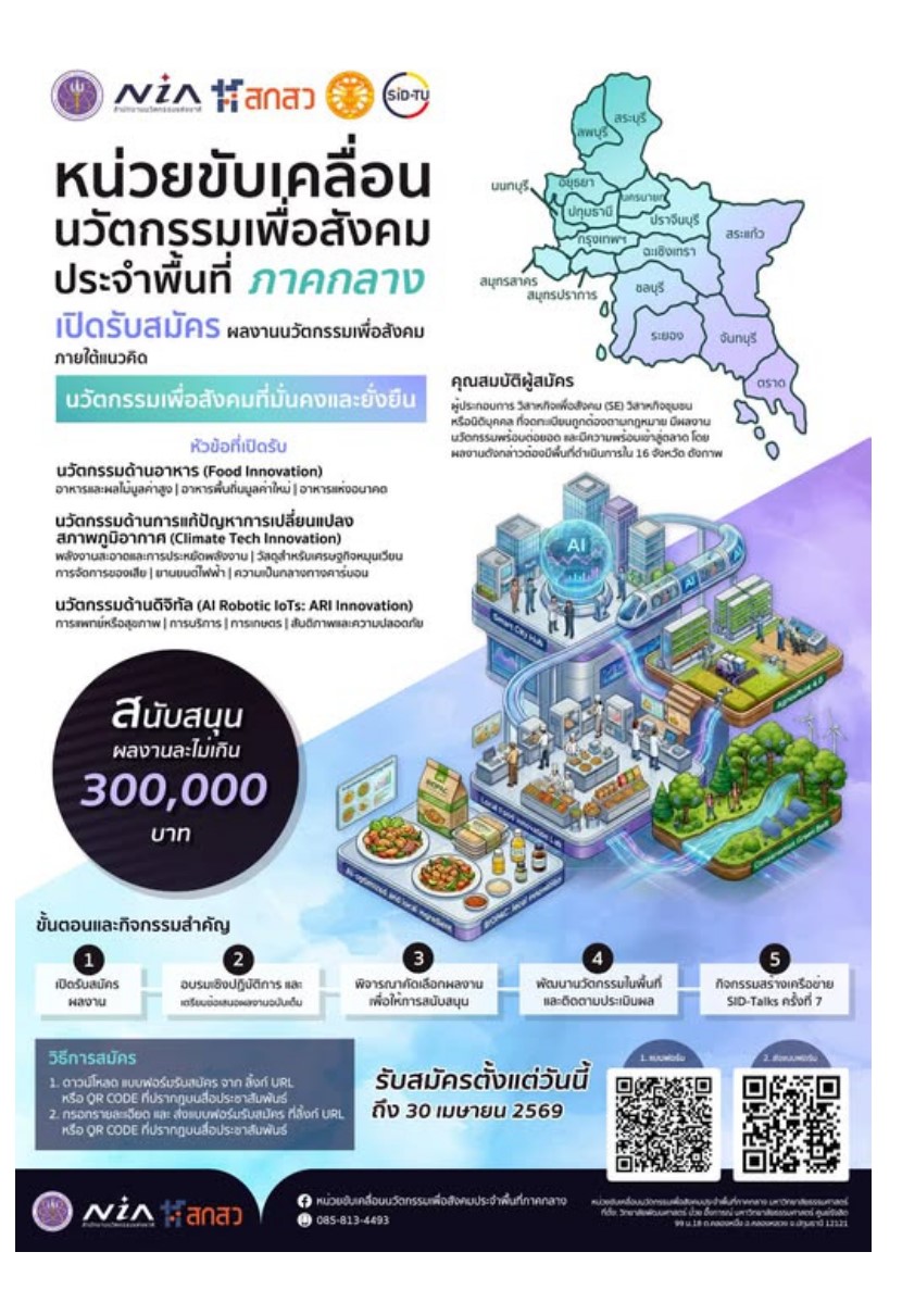 สพอ.เมืองสระแก้ว ขอเชิญชวน ผู้ผลิต ผู้ประกอบการ OTOP / ชุมชนท่องเที่ยว OTOP นวัตวิถี และผู้ที่สนใจ ร่วมสมัครเข้าร่วมโครงการ หน่วยขับเคลื่อนนวัตกรรมเพื่อสังคม ประจำพื้นที่ภาคกลาง
