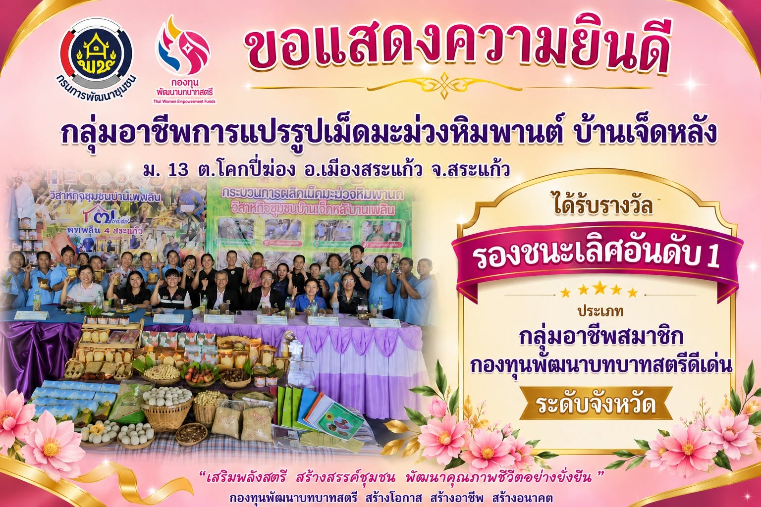 ขอแสดงความยินดีกับกลุ่มอาชีพการแปรรูปเม็ดมะม่วงหิมพานต์ บ้านเจ็ดหลัง หมู่ที่ 13 ตำบลโคกปี่ฆ้อง อำเภอเมืองสระแก้ว จังหวัดสระแก้ว