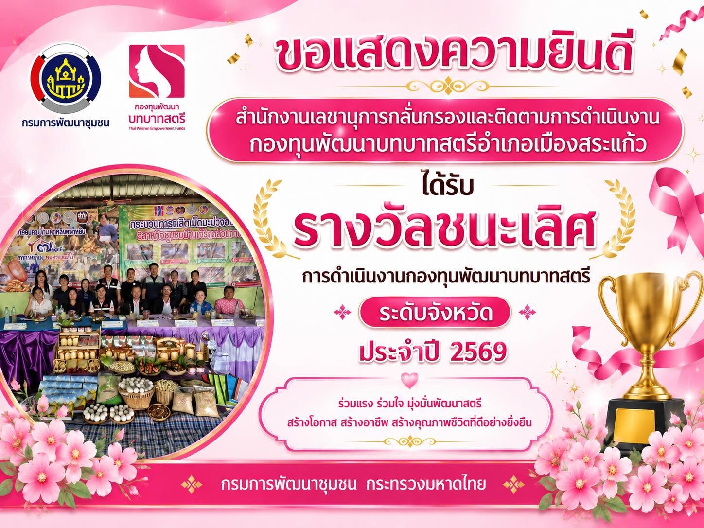 ขอแสดงความยินดีกับสำนักงานเลขานุการคณะอนุกรรมการกลั่นกรองและติดตามการดำเนินงานกองทุนพัฒนาบทบาทสตรีอำเภอเมืองสระแก้ว