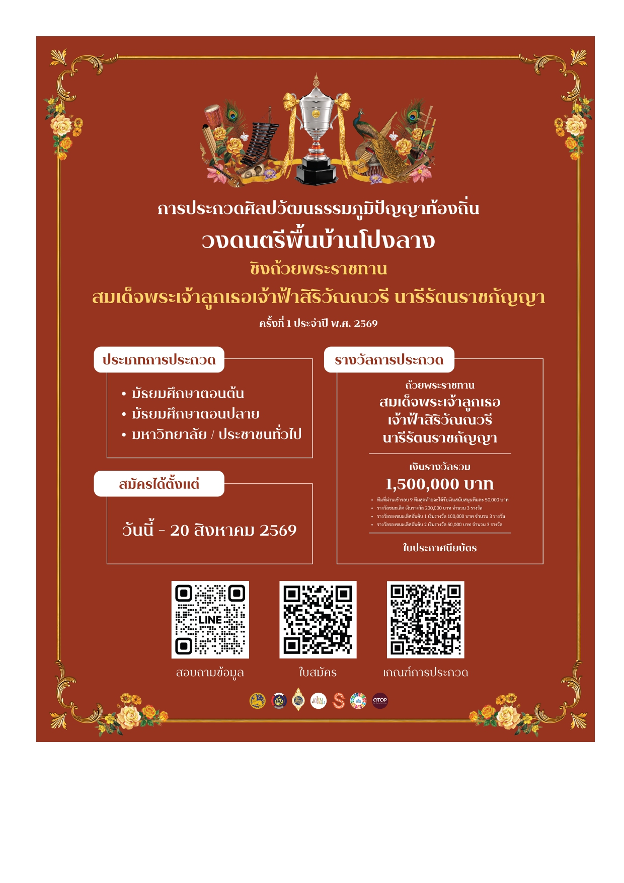 ประชาสัมพันธ์การประกวดศิลปวัฒนธรรมภูมิปัญญาท้องถิ่น วงดนตรีพื้นบ้านโปงลาง ชิงถ้วยพระราชทาน