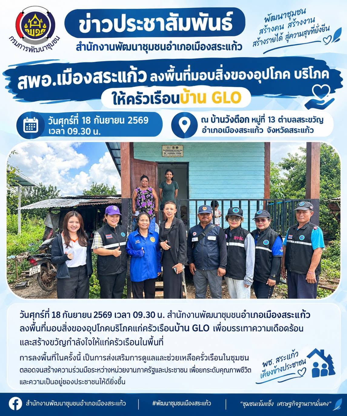 สพอ.เมืองสระแก้ว ลงพื้นที่เยี่ยมและติดตามโครงการ “บ้านห่วงใยจากใจ GLO” จังหวัดสระแก้ว มุ่งสร้างความมั่นคงด้านที่อยู่อาศัย ยกระดับคุณภาพชีวิตประชาชน